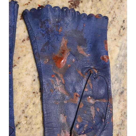 Vintage Size S Blue Leather Long Gloves Slashed Fake Bloody Slashed Zombie War - Picture 9 of 16